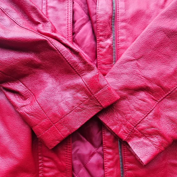 Marc Mattis Red Genuine Leather Coat Fur Hood Quilted Lined Women's S - Picture 2 of 5